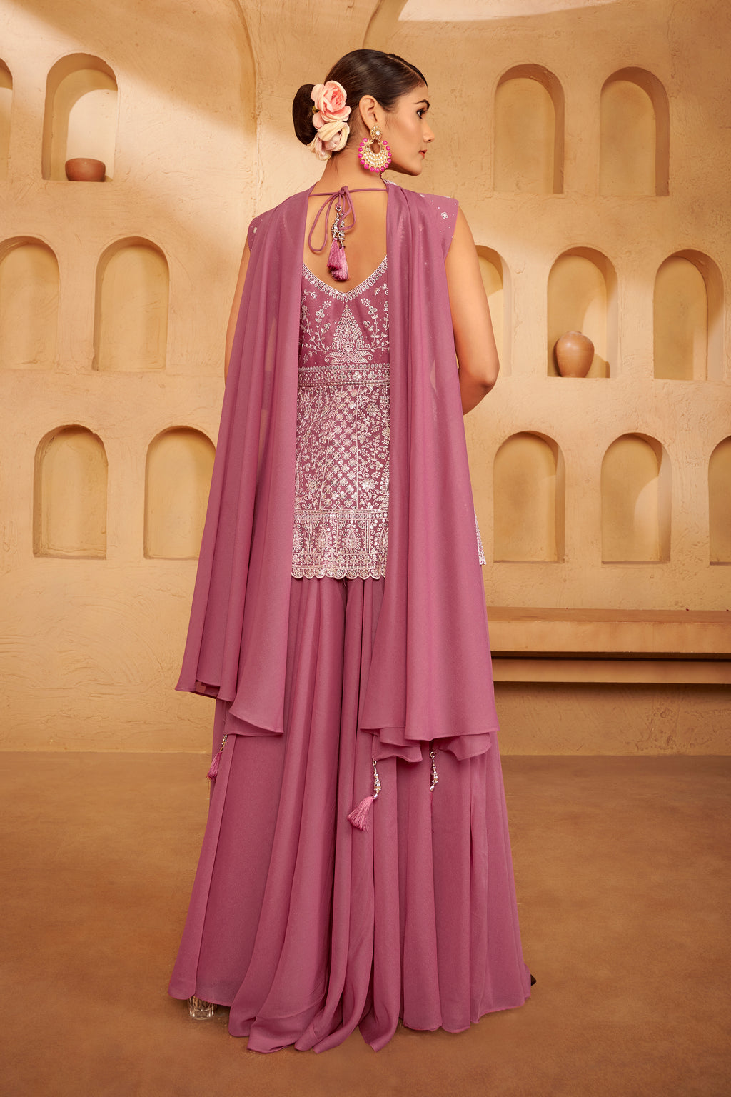 Dusty Mauve Embroidered Jacket Sharara Set