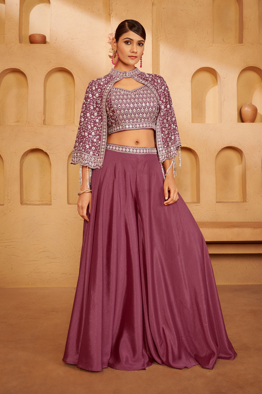 Dusty Mauve Embroidered Jacket Sharara Set