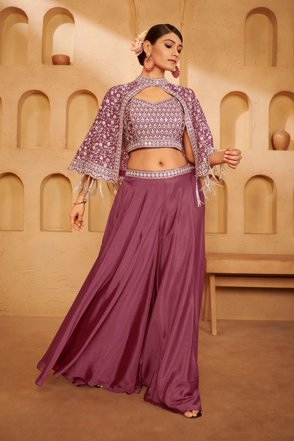 Dusty Mauve Embroidered Jacket Sharara Set