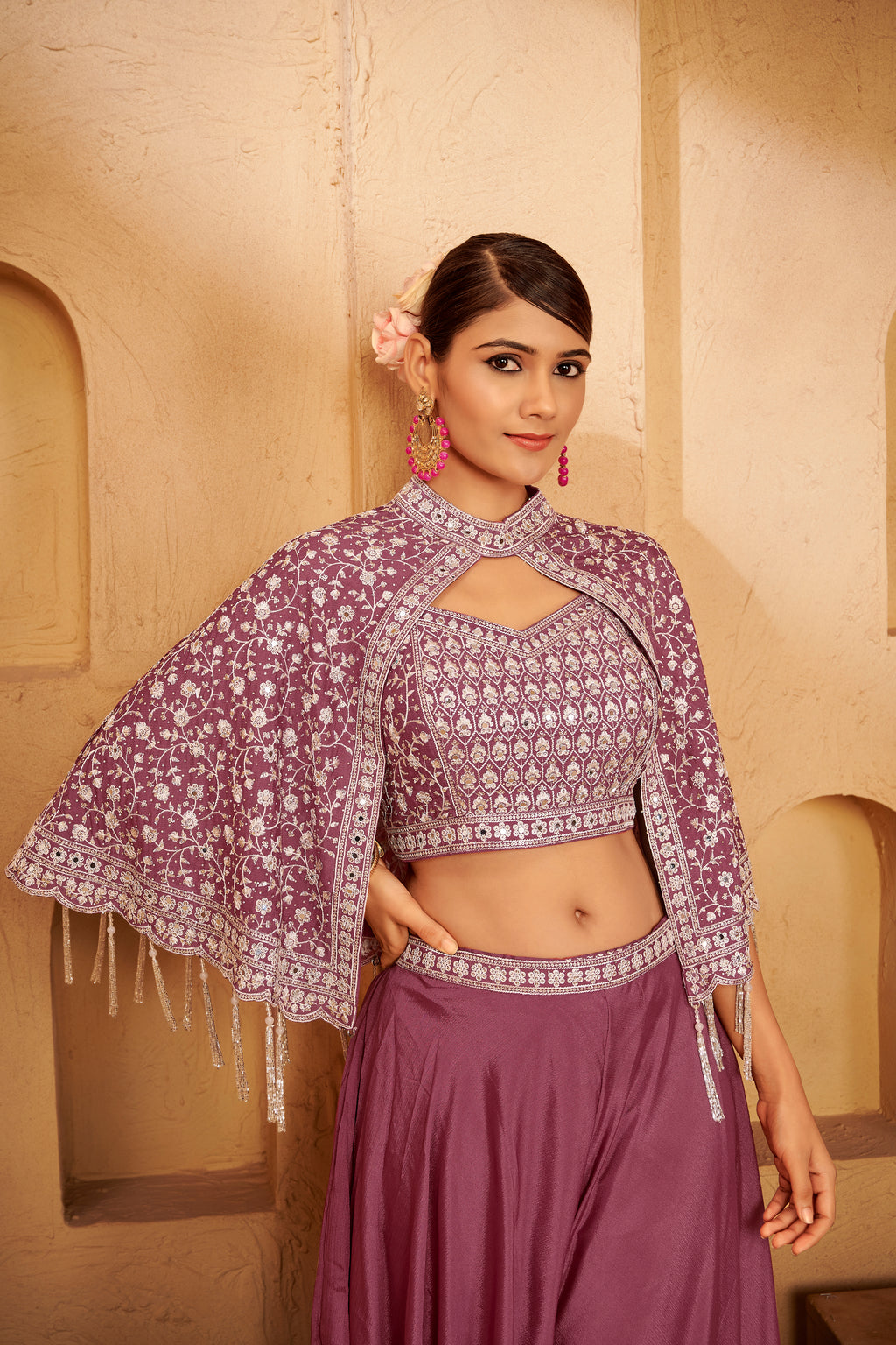 Dusty Mauve Embroidered Jacket Sharara Set