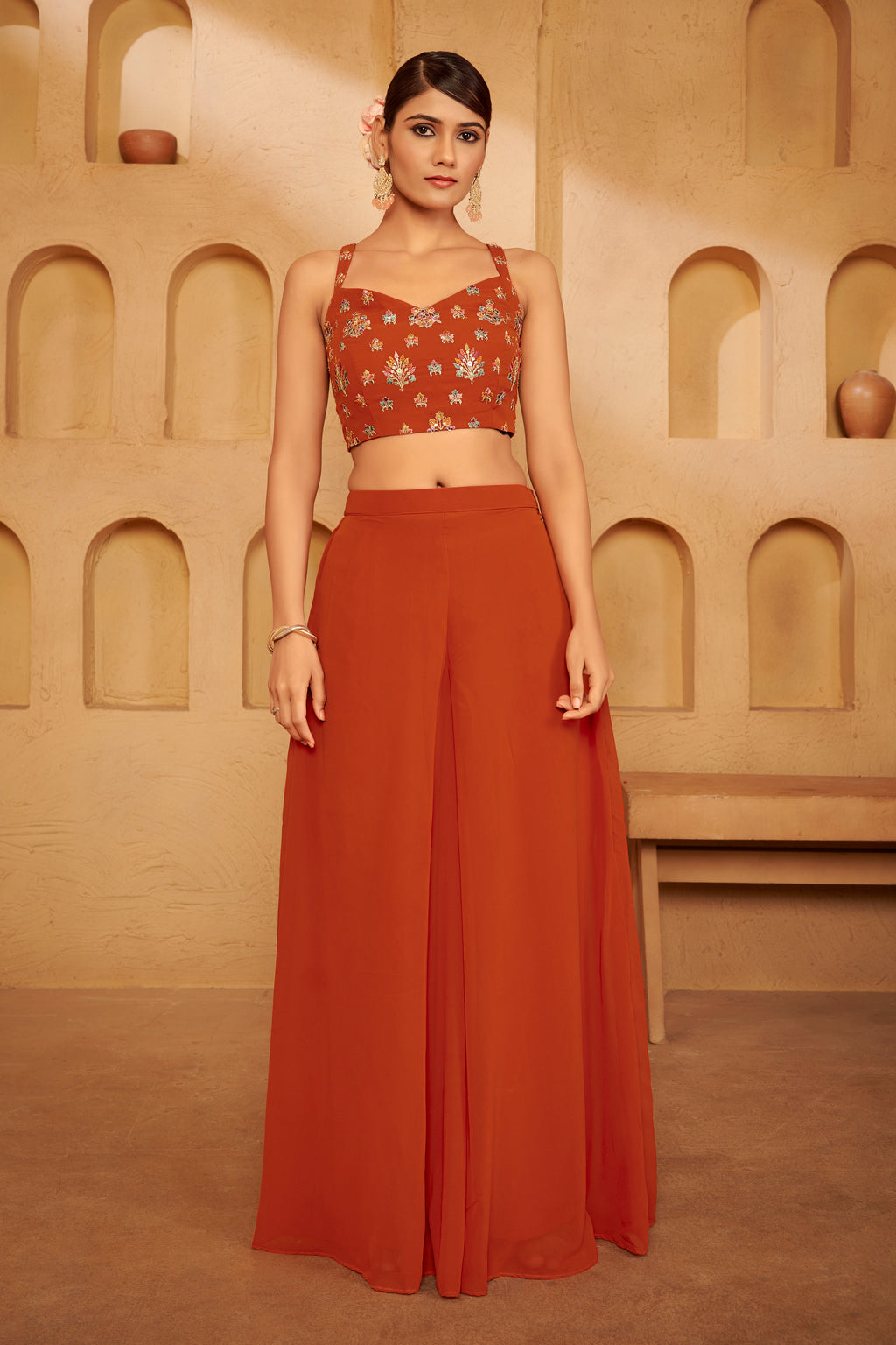 Rust Orange Embroidered Crop Top and Wide-Leg Palazzo