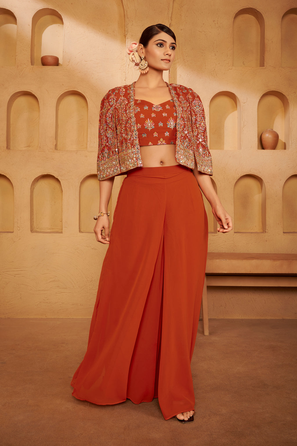 Rust Orange Embroidered Crop Top and Wide-Leg Palazzo