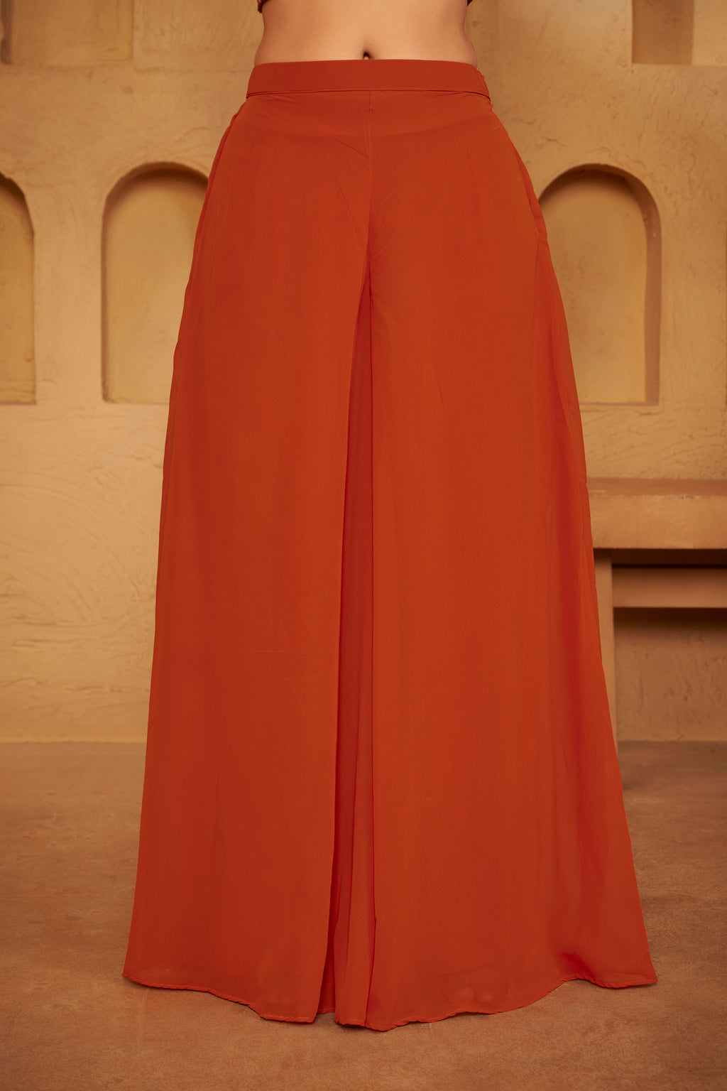 Rust Orange Embroidered Crop Top and Wide-Leg Palazzo