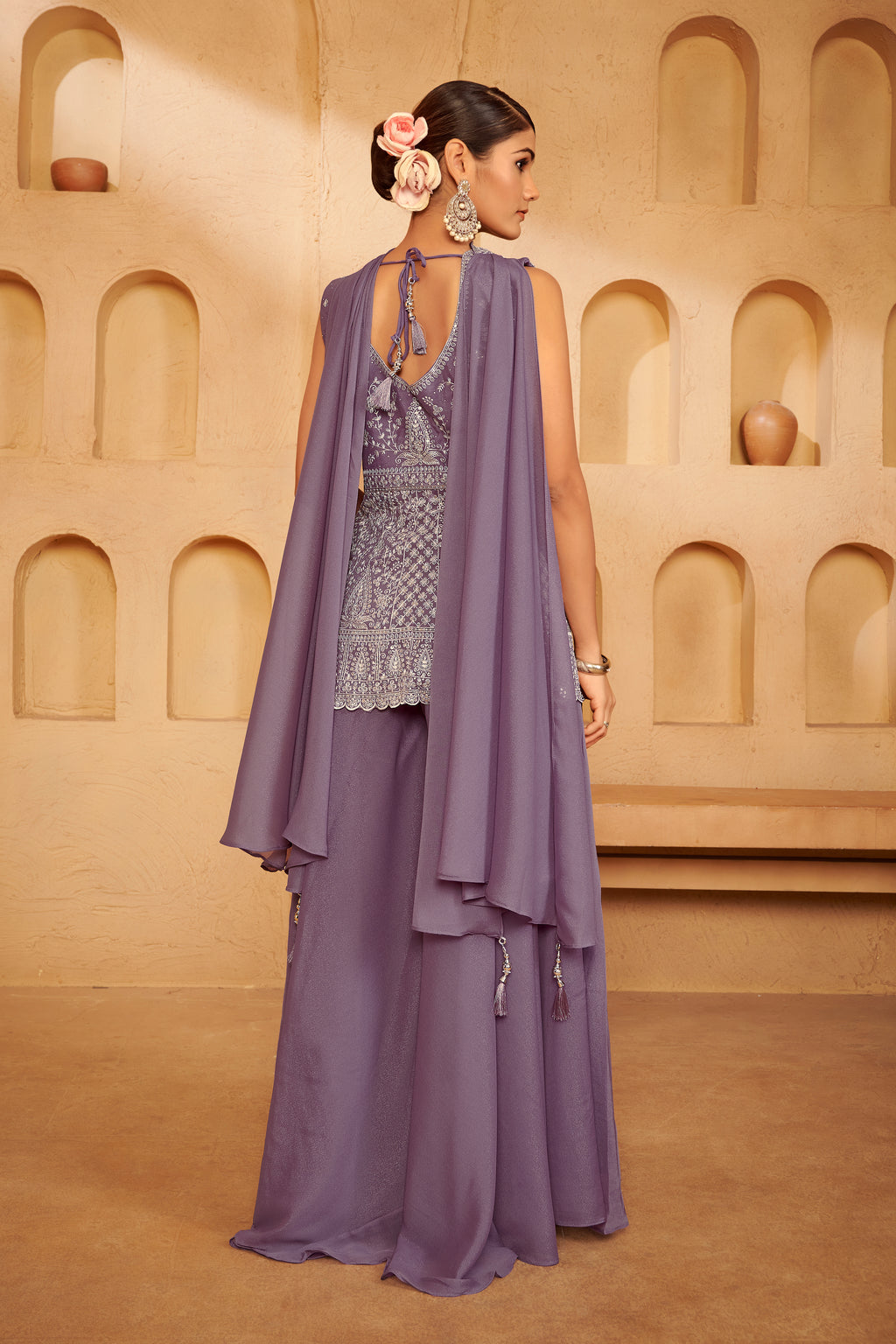 Lavender Georgette Sharara Set with Embroidered Short Kurti and Cape
