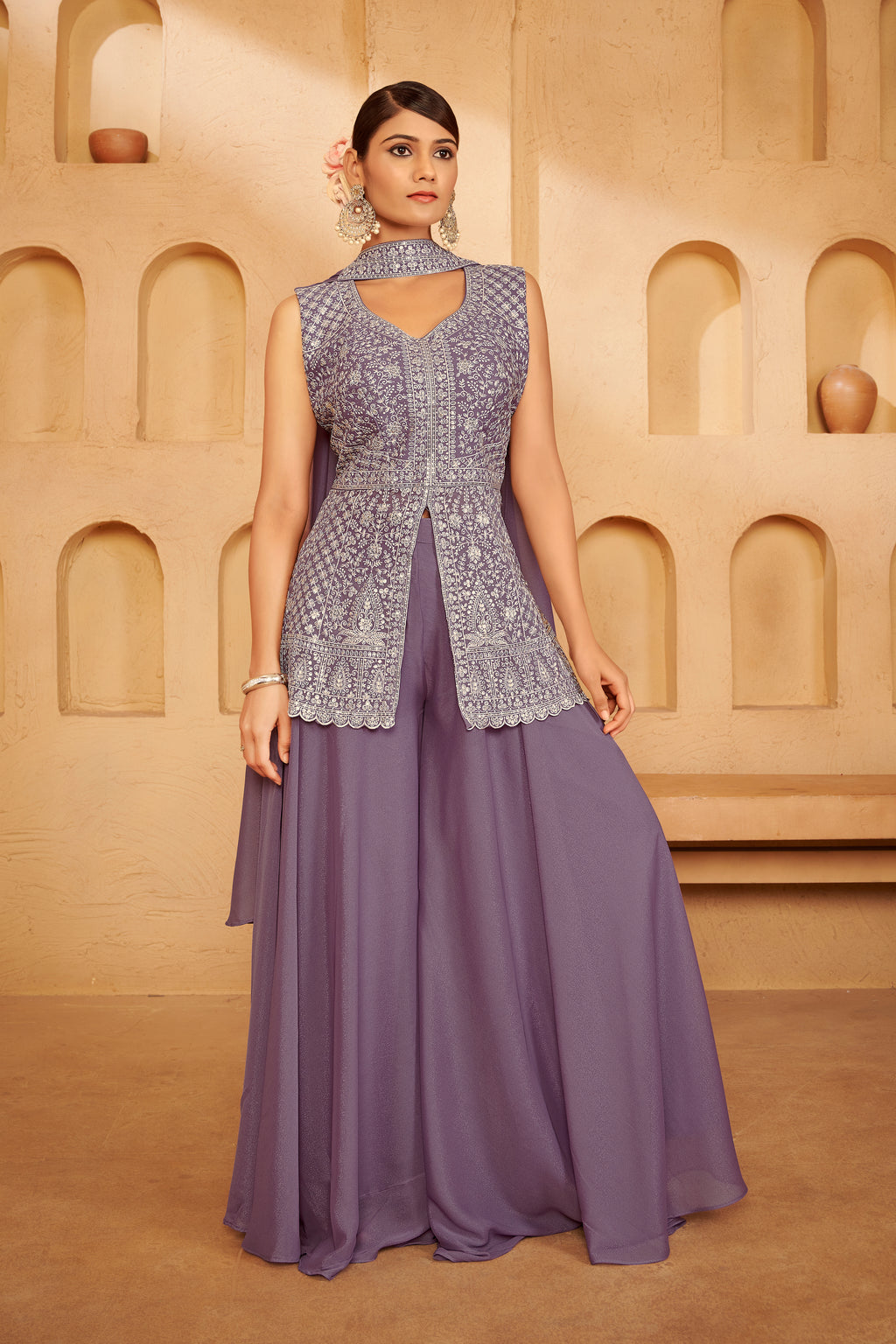 Lavender Georgette Sharara Set with Embroidered Short Kurti and Cape
