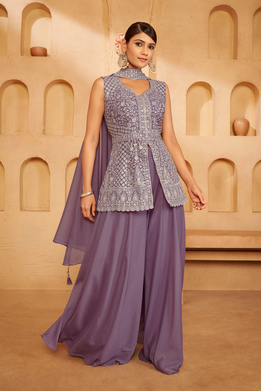 Lavender Georgette Sharara Set with Embroidered Short Kurti and Cape