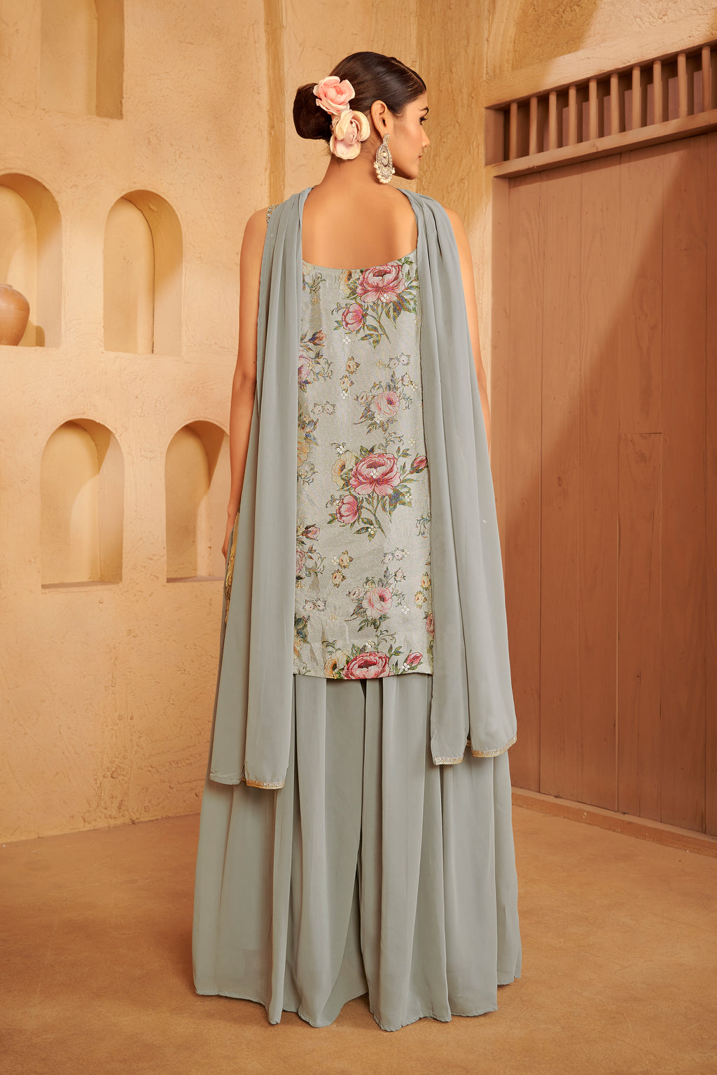 Sage Green Sharara Set with Floral Print Kurti and Attached Drape