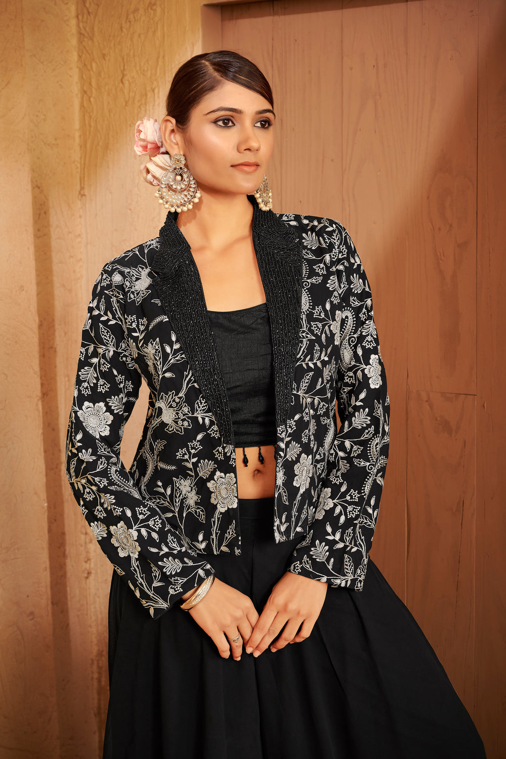 Noir Bloom Embroidered Jacket & Palazzo Set
