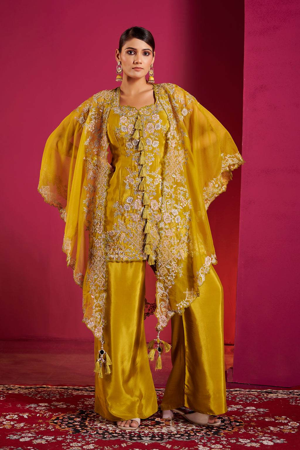 Mustard Yellow Embroidered Pant Suit with Organza Cape