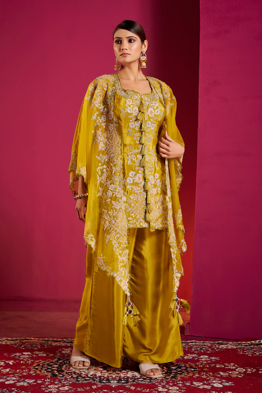 Mustard Yellow Embroidered Pant Suit with Organza Cape