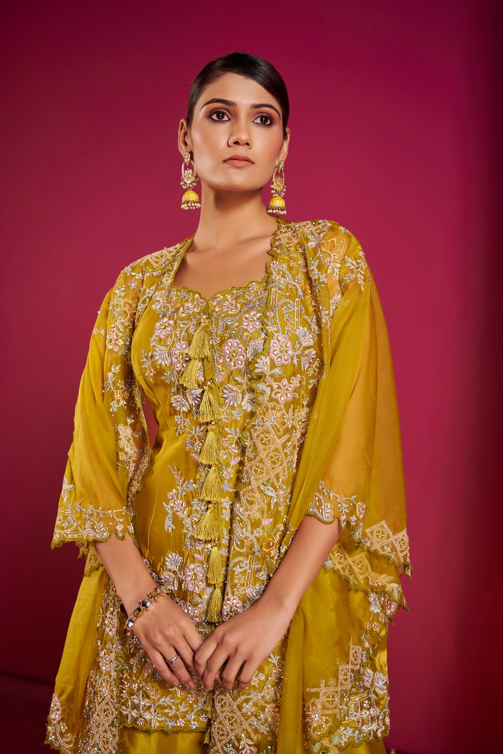 Mustard Yellow Embroidered Pant Suit with Organza Cape