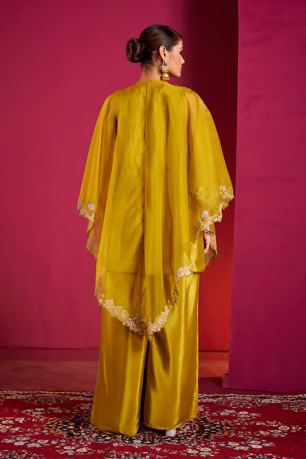 Mustard Yellow Embroidered Pant Suit with Organza Cape