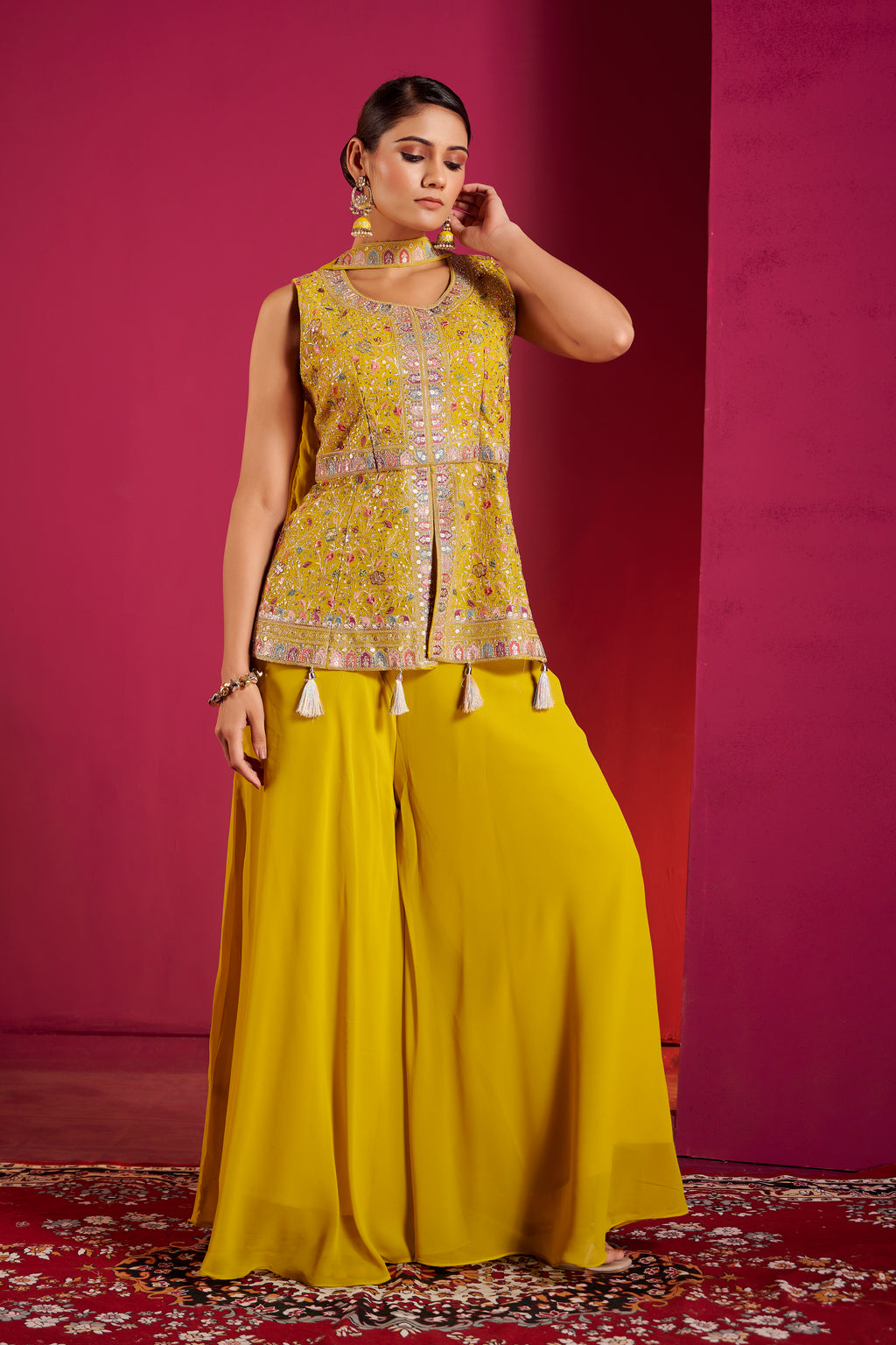 Mustard Yellow Embroidered Peplum Sharara Set with Attached Drape