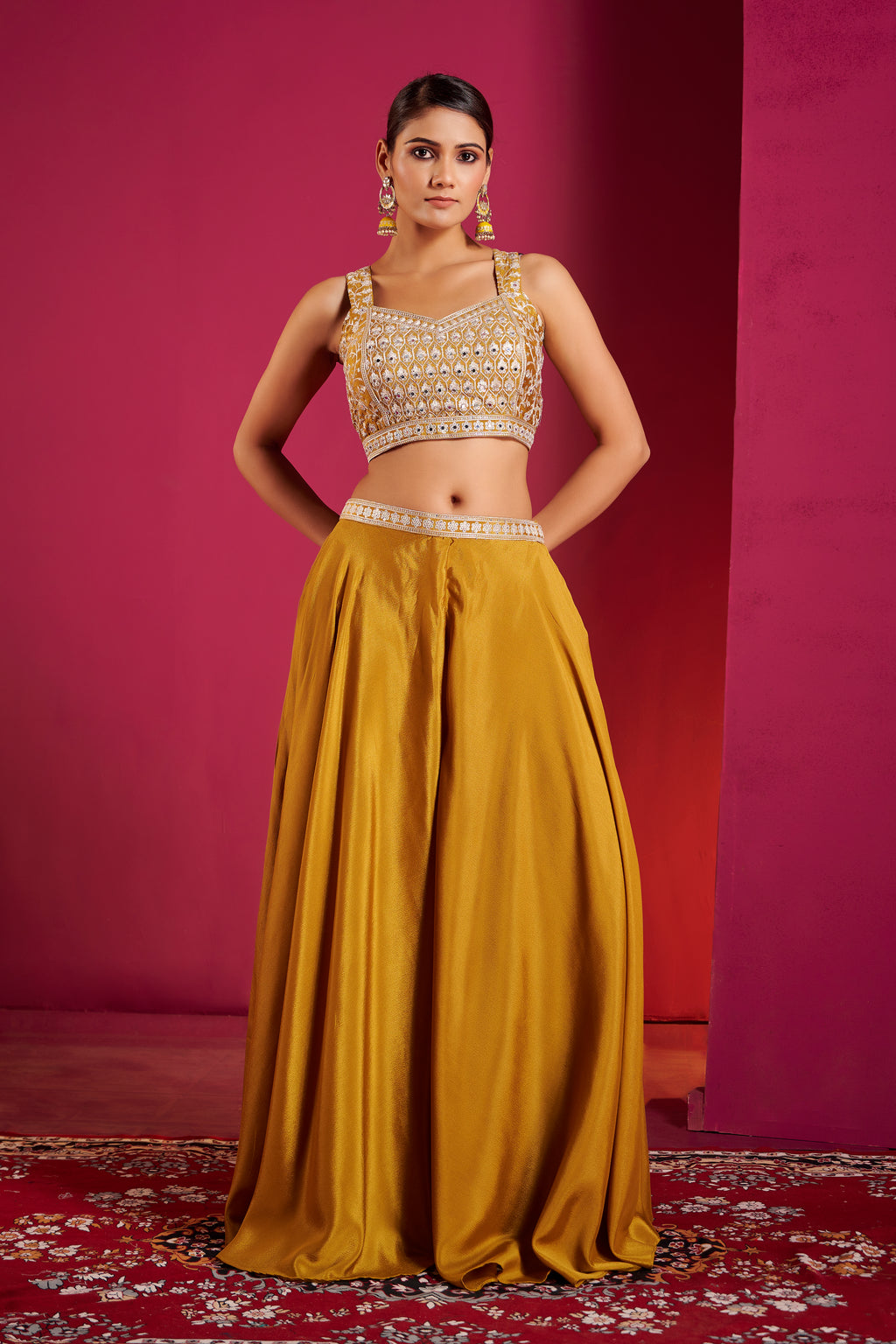 Mustard Gold Sequin Embellished Crop Top & Skirt Set