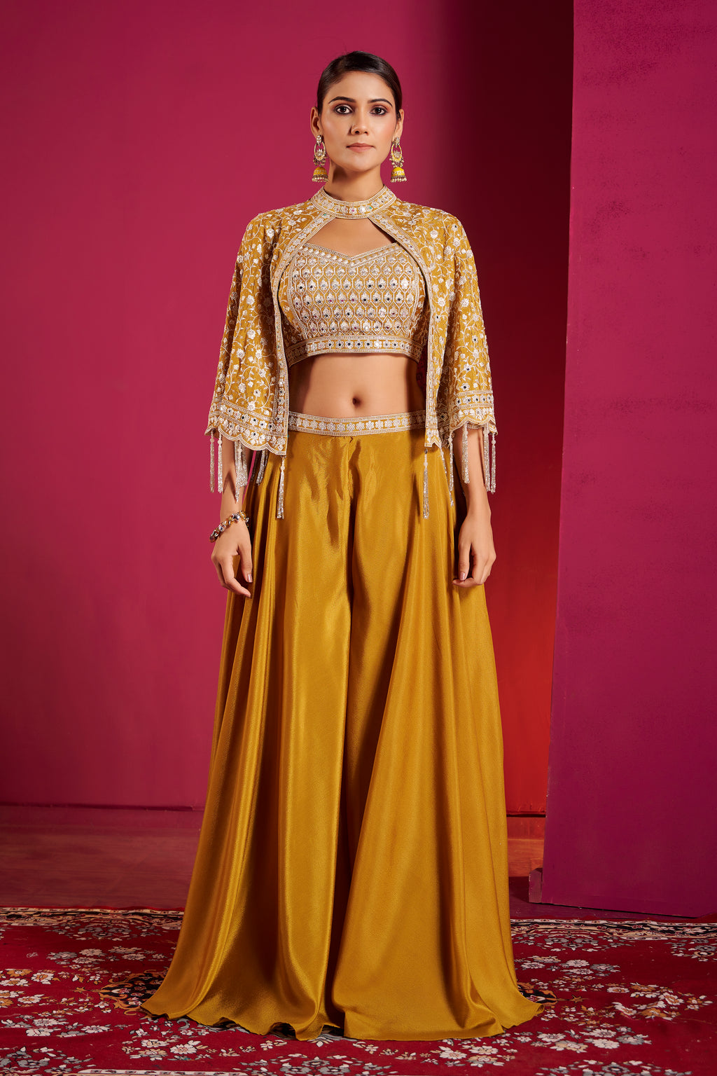 Mustard Gold Sequin Embellished Crop Top & Skirt Set