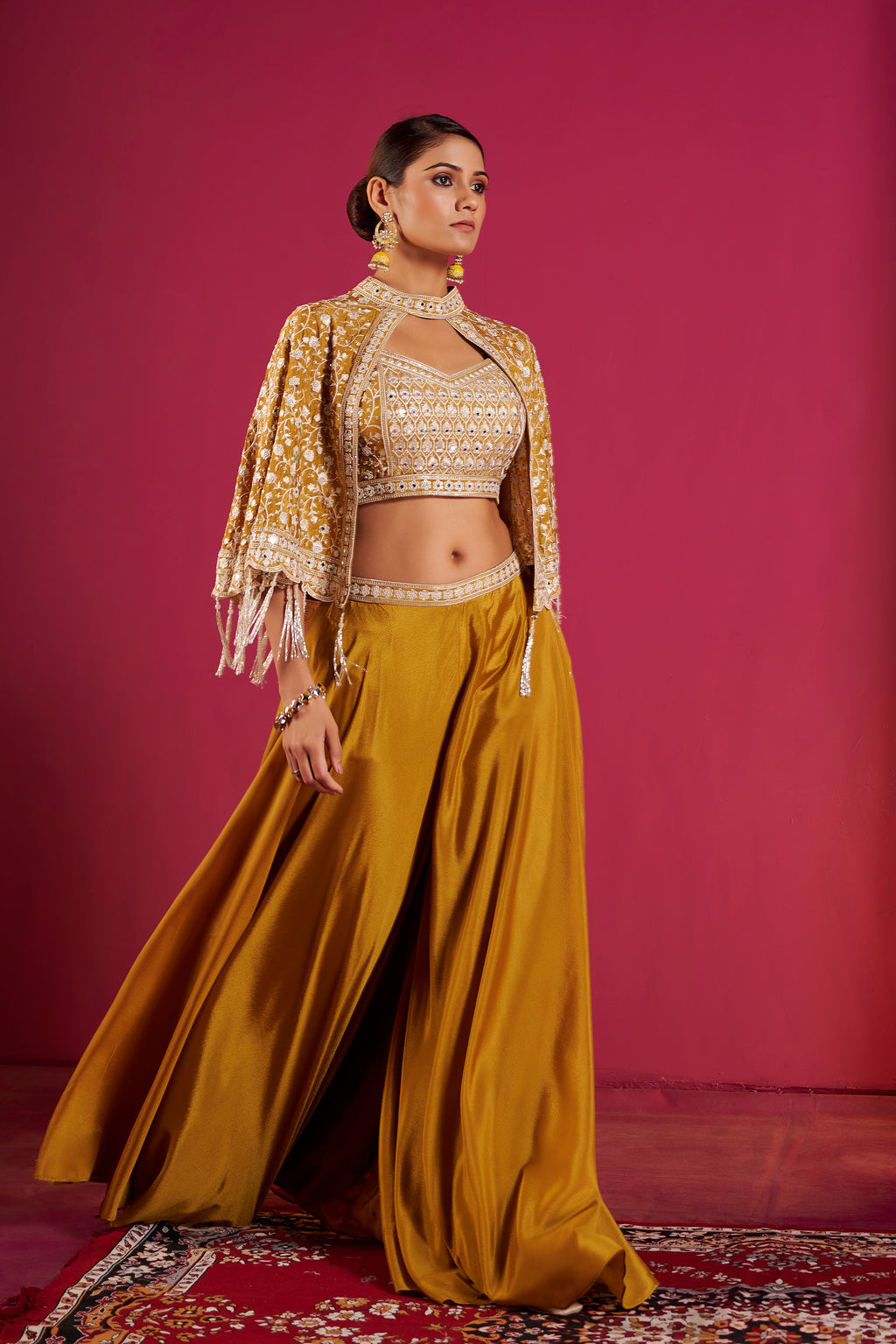 Mustard Gold Sequin Embellished Crop Top & Skirt Set