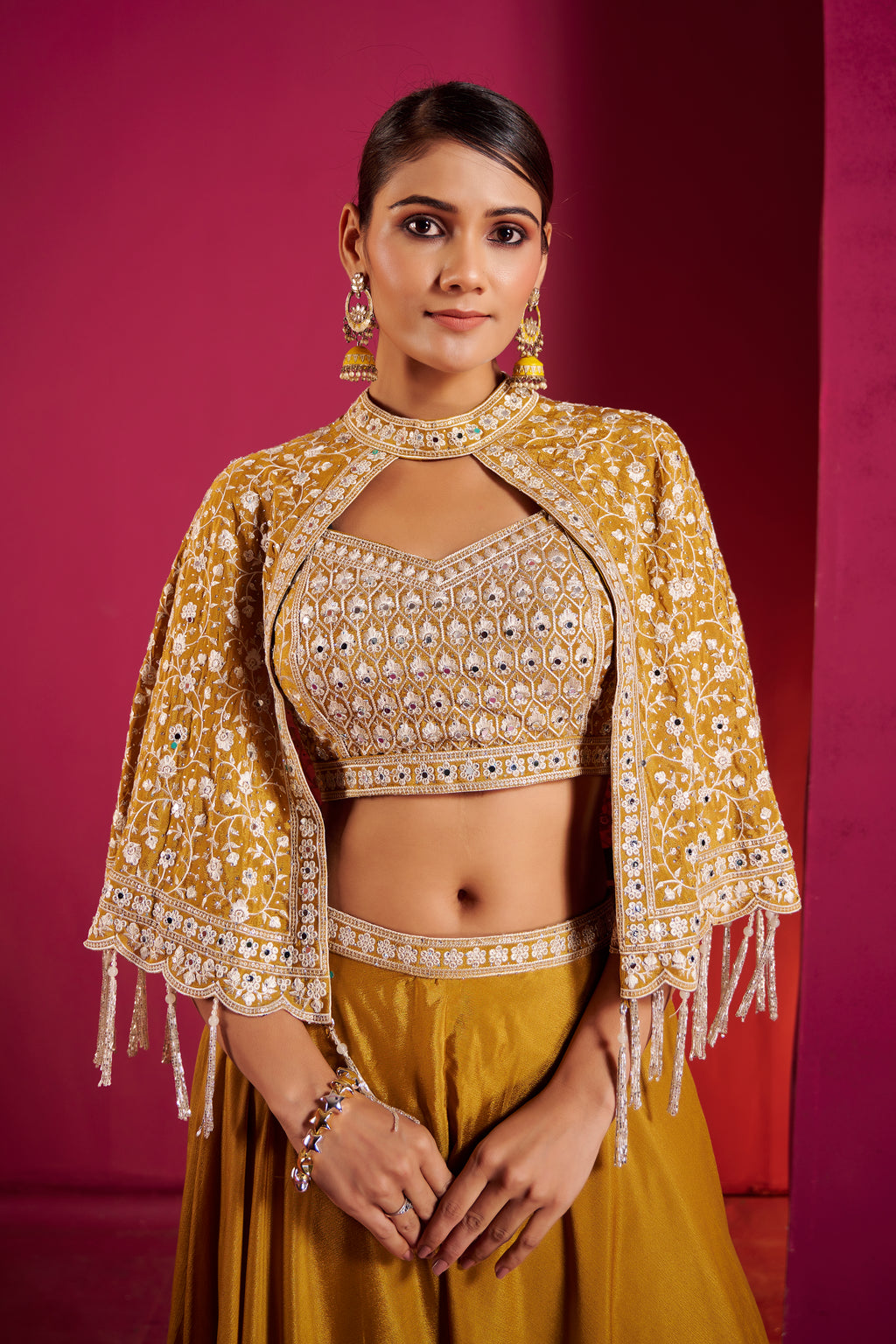 Mustard Gold Sequin Embellished Crop Top & Skirt Set