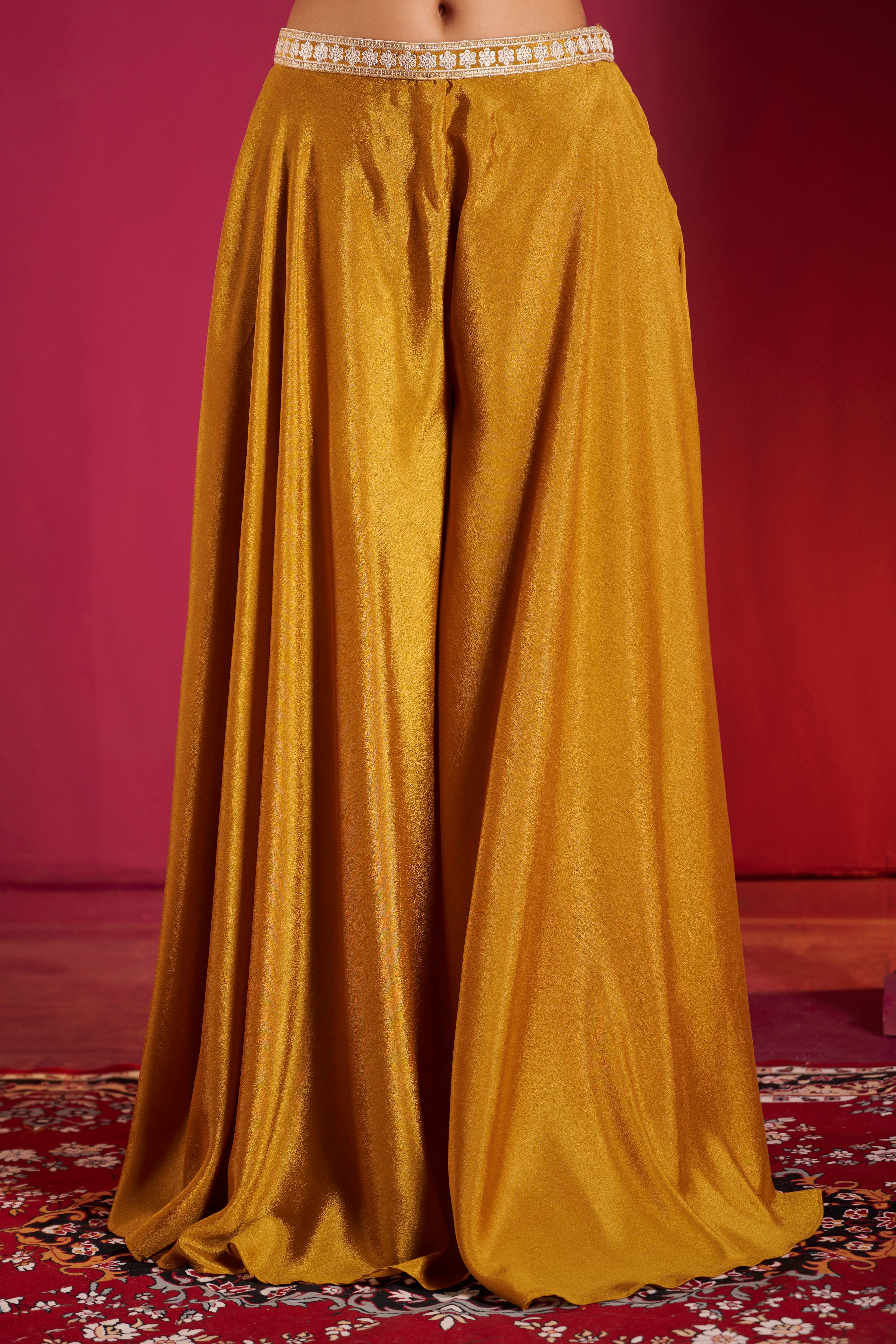 Mustard Gold Sequin Embellished Crop Top & Skirt Set