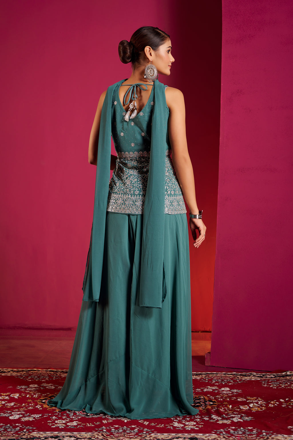 Emerald Bloom Embroidered Peplum Sharara Set