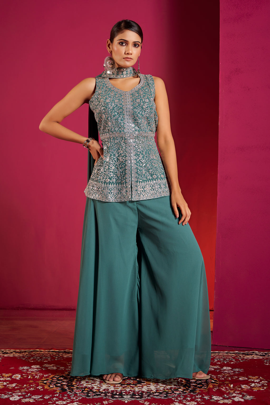 Emerald Bloom Embroidered Peplum Sharara Set