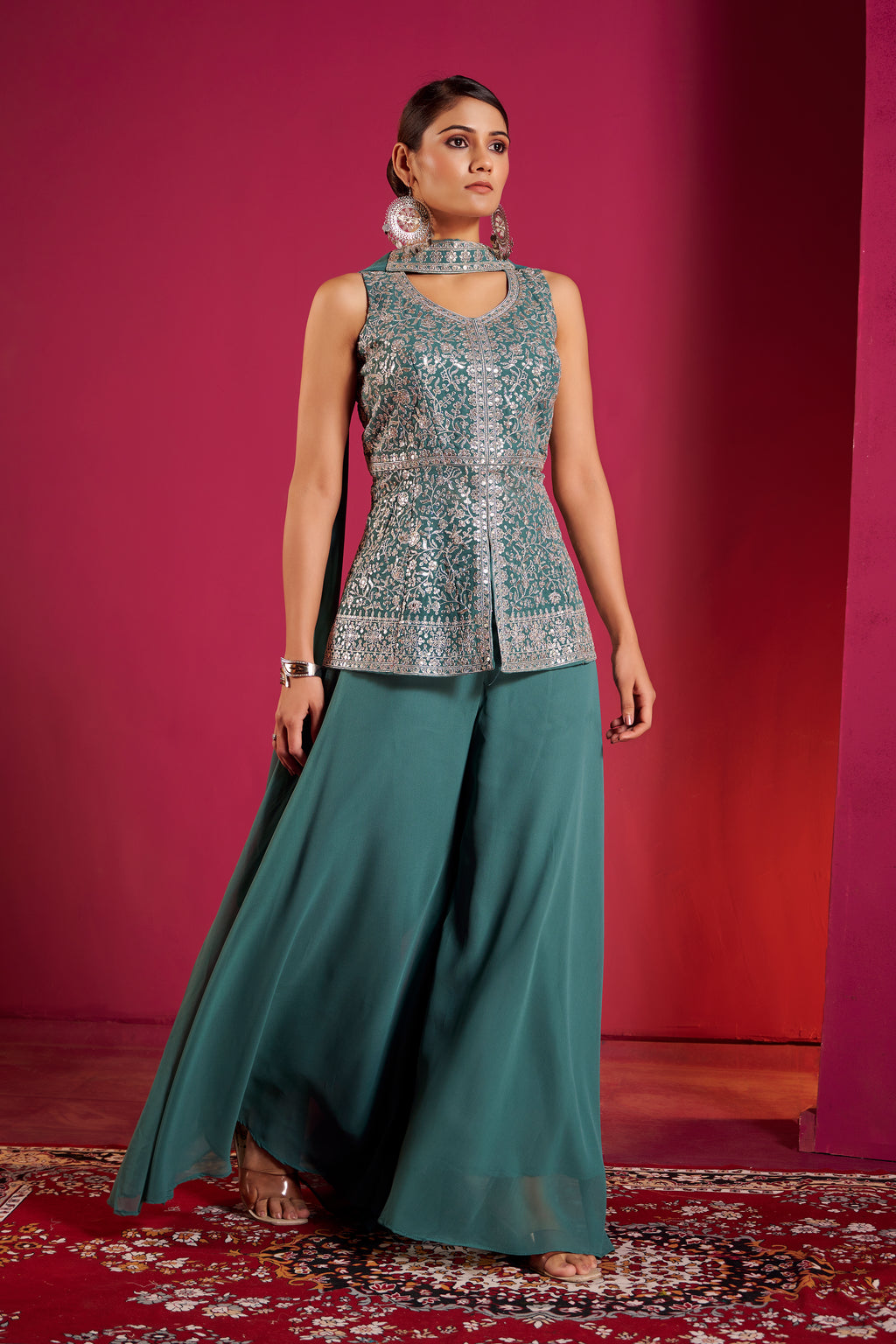 Emerald Bloom Embroidered Peplum Sharara Set