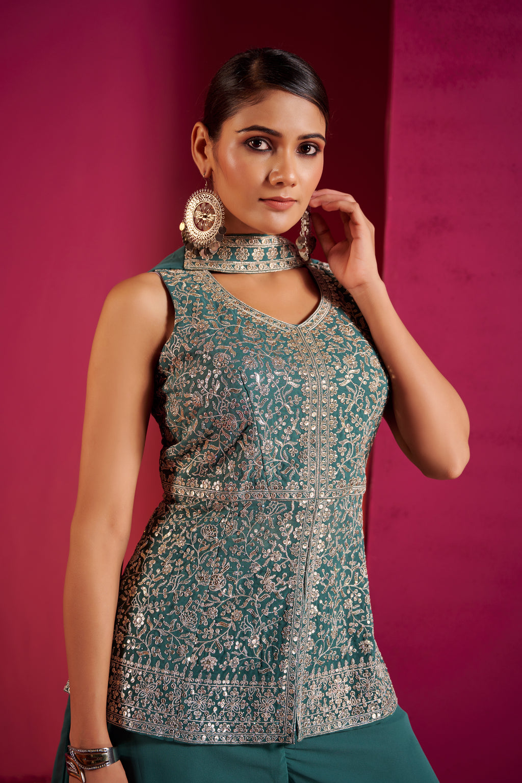 Emerald Bloom Embroidered Peplum Sharara Set