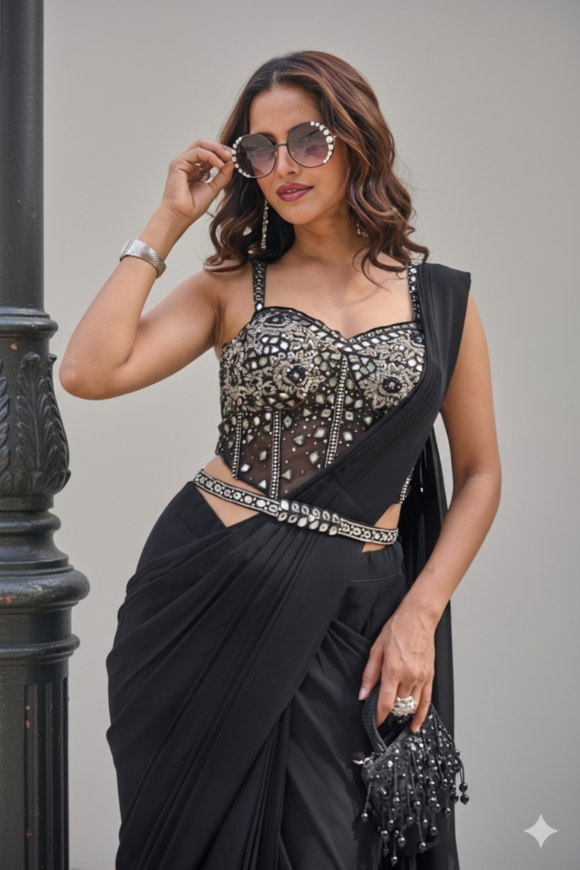 Midnight Mirror-Work Drape Saree Set